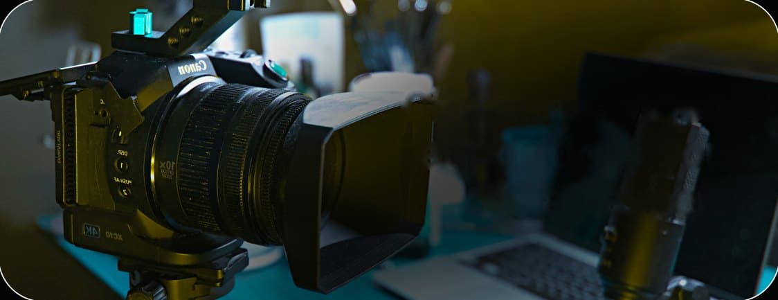 Cinema camera with a matte box on set