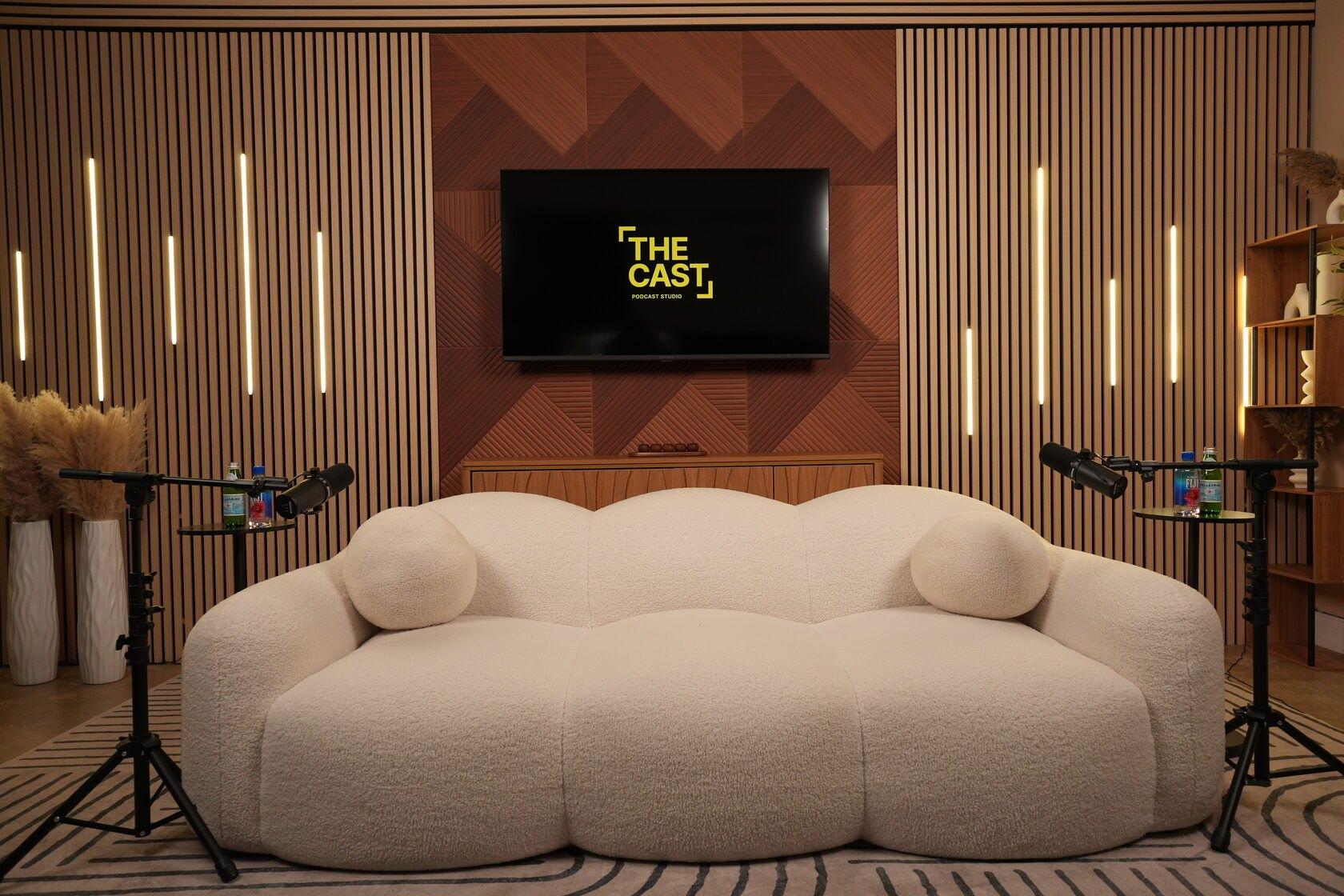 Studio #5 at The Cast Studio: a white sofa in front of the LED wall