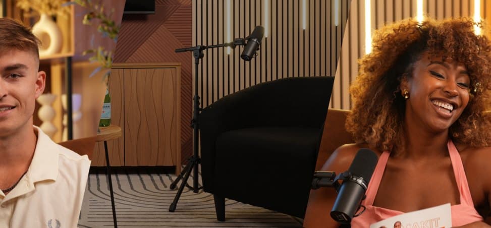Two guests laughing during a recording at The Cast Studio